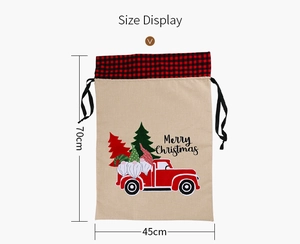 Linen Christmas drawstring gift bag with dwarf and truck pattern, 70x45cm size detail