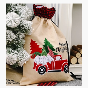 Linen Christmas drawstring gift bag with red truck and gnome print for holiday treats