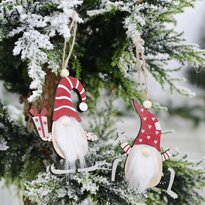 Nordic Christmas Wooden Gnome Hanging Pendant Handmade Tomte Ornament With Striped Heart Hat Xmas Tree Party Decoration