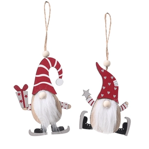 Set of two wooden Christmas gnome ornaments with skates and hanging ropes for tree decor