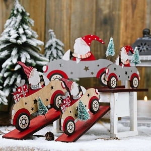 Christmas Wooden Santa Claus Driving Car Ornament Festive Tabletop Desktop Decoration For Home Party Office Xmas Gift