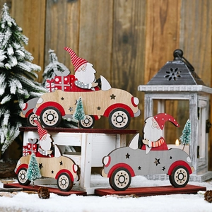 Christmas wooden Santa driving car figurines with mini pine trees for home desktop decor