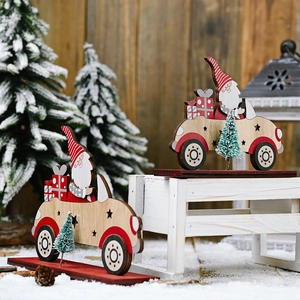 Christmas wooden car ornaments with Santa and small tree for holiday table decor
