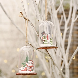 Christmas ornaments with transparent bell dome, wooden base and snow details on white branch