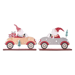 Wooden Santa Claus driving car figurine set with mini Christmas trees and gift boxes