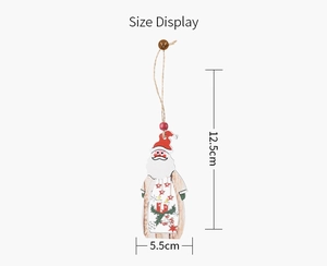 Detailed size display of a colorful wooden Santa Claus ornament with holiday motifs