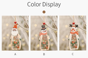 Detailed view of hollow wooden Christmas pendants featuring Santa, snowman, and reindeer motifs
