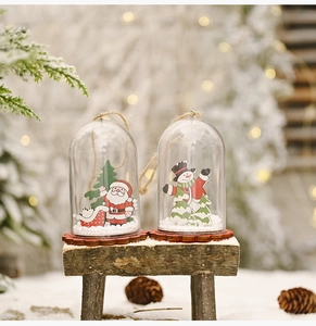 Detail of Christmas Santa and snowman wood ornaments in clear domes on snow background