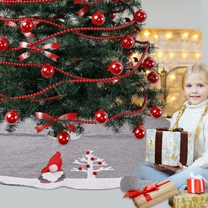 Jupe de Sapin de Noël Lutin Toile de Jute Grise Appliqué Pompon Motif Sapin Blanc Décoration de Fête de Noël Maison