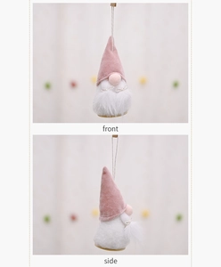 Front and side views of a plush pink Christmas gnome pendant with a round wooden base