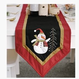 Detailed Christmas table runner featuring 3D snowman applique and embroidered trees