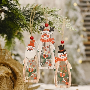 Wooden Christmas Hanging Ornaments Hollow Laser Cut Santa Snowman Reindeer Painted Decorative Pendant For Home Festival Christmas Tree Decor