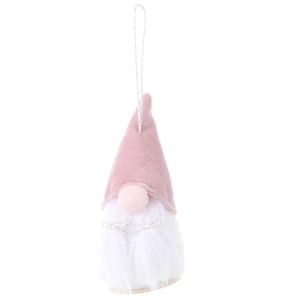 Pink velvet Christmas gnome ornament with white beard and wooden base on white background
