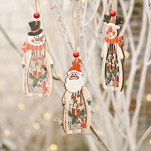 Festive hollow wooden Christmas pendants featuring Santa Claus and reindeer on a white branch