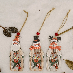 3-piece wooden Christmas hanging ornaments with Santa, Snowman and Reindeer