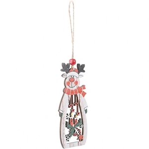 Wooden Christmas reindeer ornament with festive hollow design and red scarf for tree decor