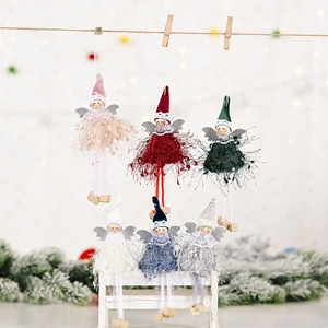 Set of six plush Christmas angel ornaments with feather skirts and wings for festive decor