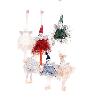 Set of six colorful plush Christmas angel ornaments with glitter wings for tree decor