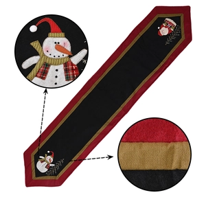 Christmas table runner with Santa and snowman motifs, featuring detailed fabric embroidery