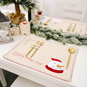 Set de table de Noël en toile avec motif bonhomme de neige et fente pour les couverts