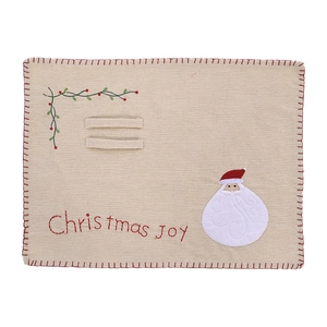 Set de table en lin de Noël avec broderie Père Noël et texte rouge Christmas Joy sur fond blanc
