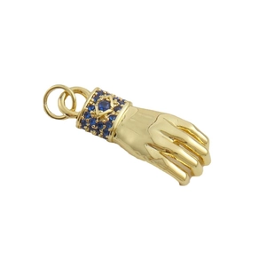 Pendentif main Figa doré avec zircons bleus et symbole maçonnique équerre et compas