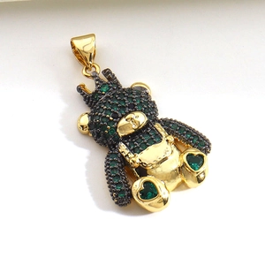 Charming gold-plated crown bear pendant with green and black micro-set zircon stones