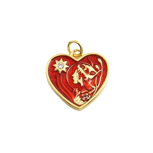 Ciondolo cuore dorato con smalto rosso, silhouette femminile sbalzata e cristallo lucido
