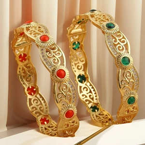 Vintage Palace Style Hollow Copper Bangle 18K Gold Plated With Zirconia Red Green Artificial Gemstone Jewelry For Women