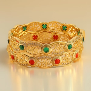 Detail of 18K gold plated hollow bracelets with micro-pave zircons and colorful gemstones