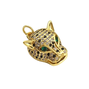 Luxurious gold-plated leopard head pendant fully encrusted with shimmering cubic zirconia