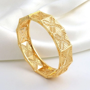 Dubai Design Originale Placcato Oro 24K Rame Traforato Largo Bracciale Rigido per Donna Etnico Vintage Geometrico Gioielli Intagliati