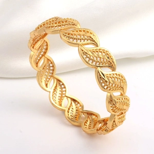 Dubai Design Rame Placcato Oro Cavo Foglia Intagliata Bracciale Rigido per Donne Stile Sud-est Asiatico Gioielli Eleganti Accessorio Etnico