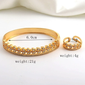 Detailed size chart for gold-plated zircon leaf bracelet and ring set with dimensions