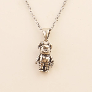 Vintage punk teddy bear pendant necklace with antique silver finish and adjustable chain