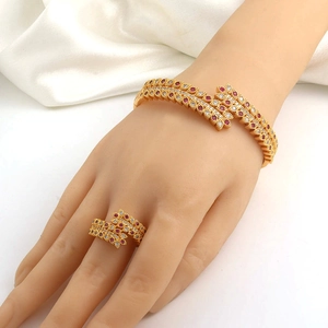 Detail of gold luxury jewelry set with double row red and white pavé cubic zirconia