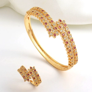 Luxury gold plated jewelry set with double row red and white crystals ring and bracelet