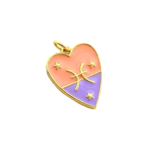 Colgante corazón zodiaco Piscis chapado en oro 18K con esmalte rosa y violeta fino