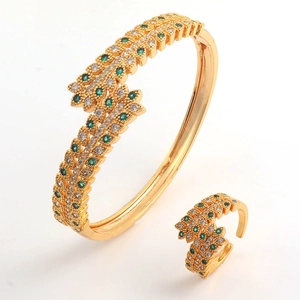Luxury Gold Plated Copper Bangle And Open Ring With Zirconia Leaf Wheat Ear Design For Women Fashion Jewelry Accessories