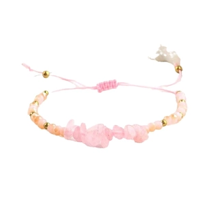 Bracelet perles roses et pierres naturelles avec cordon tressé réglable et doré