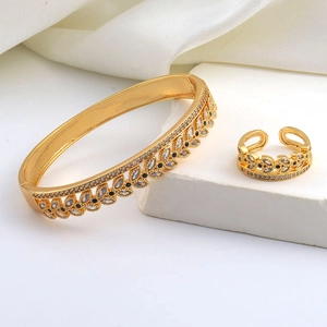 Detail of luxury gold-plated jewelry set with sparkling black and white zircon stones