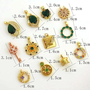 Detailed view of 18k gold plated copper charms with micro-pave zircons and dimensions