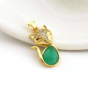 Exquisite gold fox pendant with micro-set zircons and a pear-shaped green gemstone