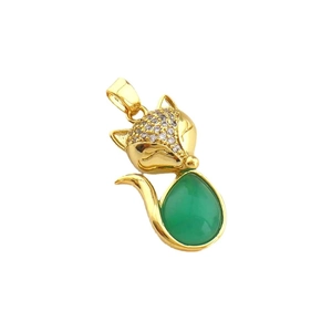 Golden fox pendant with green water-drop stone and zircon inlay on white background