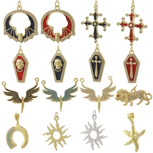 Gothic Hip Hop Copper Pendant For Jewelry Making Enamel Rhinestone Bat Cross Coffin Skull Lion Horseshoe Sun Starfish DIY Charm