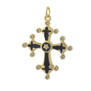Detailed close-up of a 18k gold-plated cross pendant with black enamel and star inlay