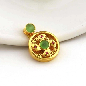 Chinese style rotating windmill pendant with 18k gold plating and green emerald stones