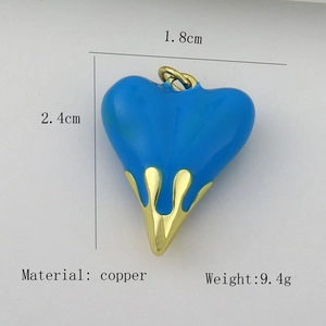 Blue heart pendant with gold fire detail, solid copper heart charm for DIY jewelry