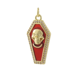 Hip hop coffin pendant in 18k gold plated copper with red enamel and skull design