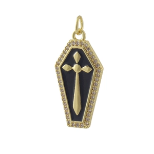 Detailed view of Gothic coffin pendant with 18k gold plating, black enamel, and white zircons